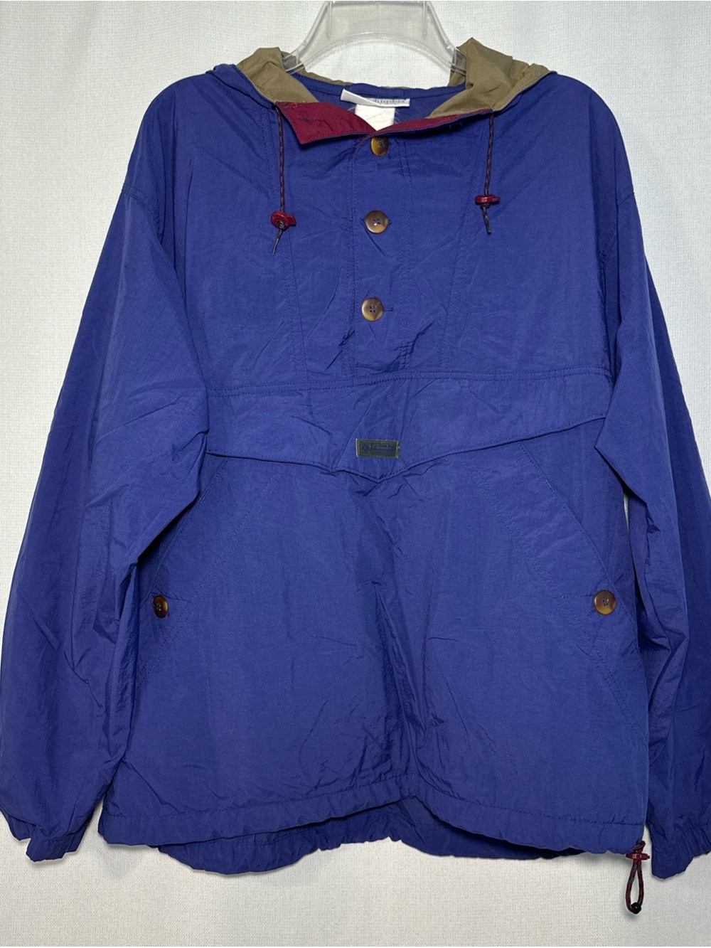L.L. Bean Men's Royal Blue Pullover Windbreaker with Brown Hood Trim